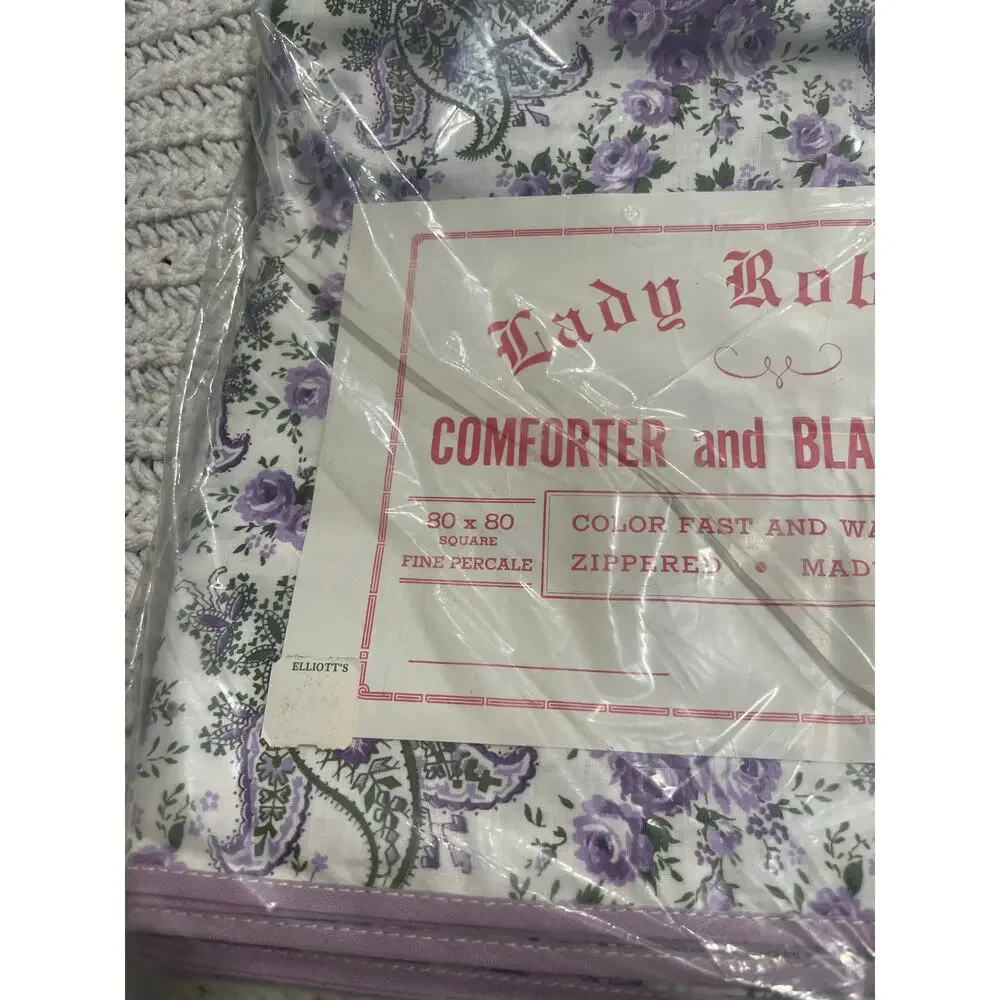 VTG NIP Lady Roberta Comforter Blanket Cover 80x80 Percale Floral Purple Cotton